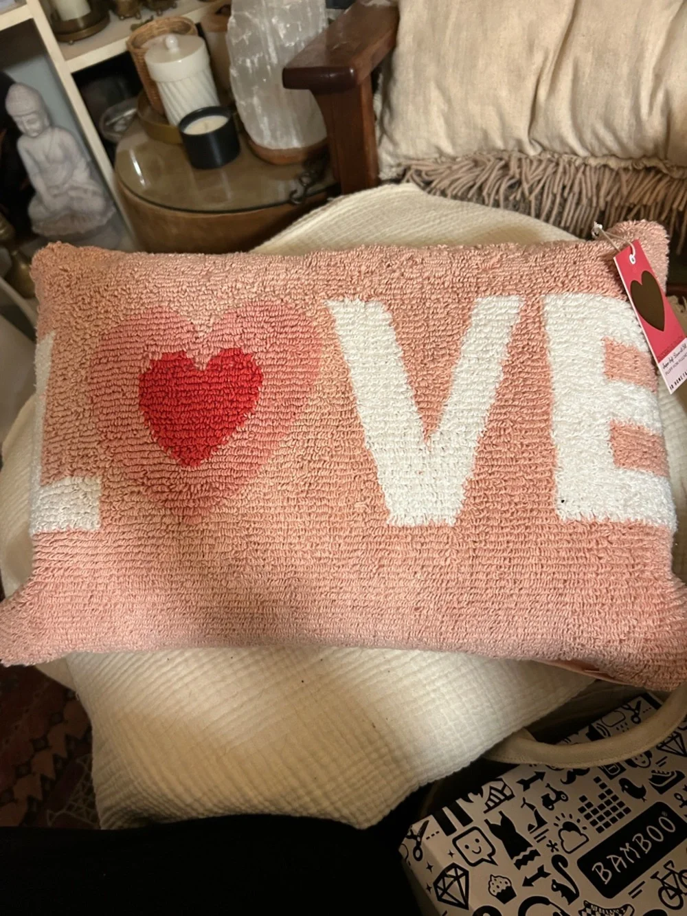 Plush Pink 'LOVE' Hooked Accent Pillow with Red Heart